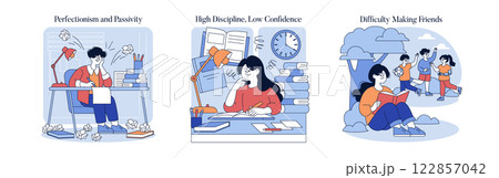 Authoritarian parenting influences children's emotional and social development. Illustrations depict struggles with perfectionism, low confidence, and difficulty making friends, capturing real-life Authoritarian parenting influences children's emotional and social development. Illustrations depict struggles with perfectionism, low confidence, and difficulty making friends, capturing real-life 122857042