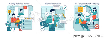 Career success steps illustrated. The process includes crafting an effective resume, preparing for interviews, managing time, and setting achievable goals. This guidance promotes personal and 122857062