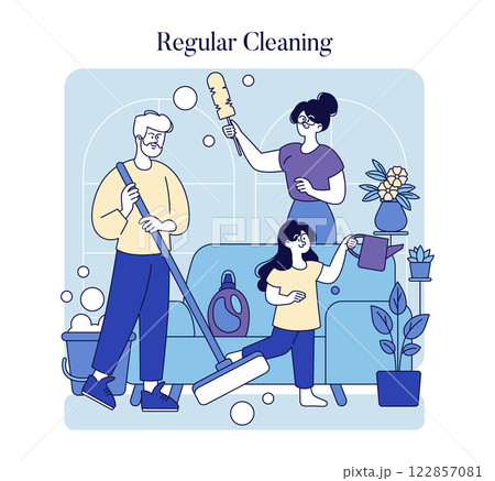 A joyful family engages in the fun activity of cleaning their home, promoting teamwork and a sense of organization 122857081