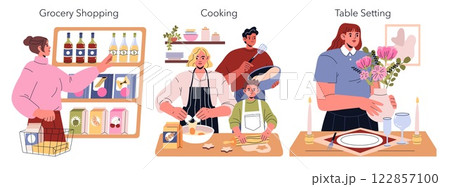 Dinner party preparation sequence showing grocery shopping, cooking with family, and setting a table. Celebrate the joy of sharing meals and bonding through food. Vector illustration. Dinner party preparation sequence showing grocery shopping, cooking with family, and setting a table. Celebrate the joy of sharing meals and bonding through food. Vector illustration. 122857100