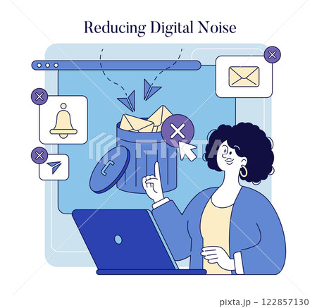 Reducing digital noise concept. Importance of minimizing distractions and clutter in the digital workspace. Focus on organization and enhancing productivity. Promoting mental clarity and efficient Reducing digital noise concept. Importance of minimizing distractions and clutter in the digital workspace. Focus on organization and enhancing productivity. Promoting mental clarity and efficient 122857130