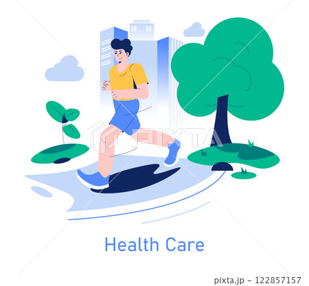 Health Care concept. A person jogging in an urban park for fitness and wellbeing. Combining exercise with nature for a healthy lifestyle. Vector illustration. Health Care concept. A person jogging in an urban park for fitness and wellbeing. Combining exercise with nature for a healthy lifestyle. Vector illustration. 122857157