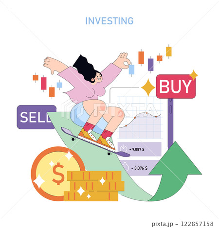 Investing concept. Financial growth and stock trading. A person engaged in buying and selling stocks on a digital platform, represented through charts, money, and trends. Vector illustration. Investing concept. Financial growth and stock trading. A person engaged in buying and selling stocks on a digital platform, represented through charts, money, and trends. Vector illustration. 122857158