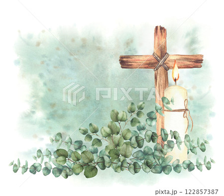 Burning candle with wooden Cross and Eucalyptus silver dollar plant branches on watercolor green spotted background Religious hand drawn isolated illustration for first communion, Easter, wedding card 122857387
