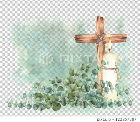 Burning candle with wooden Cross and Eucalyptus silver dollar plant branches on watercolor green spotted background Religious hand drawn isolated illustration for first communion, Easter, wedding card 122857387