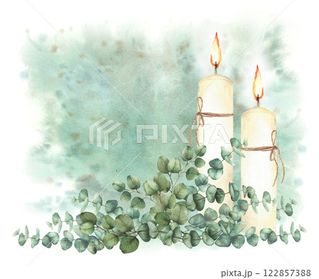 Burning candles with Eucalyptus silver dollar plant branches on watercolor green splashes background. Religious hand drawn clipart for first communion, baptism, wedding card. Isolated illustration  122857388