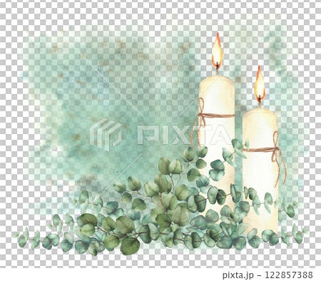 Burning candles with Eucalyptus silver dollar plant branches on watercolor green splashes background. Religious hand drawn clipart for first communion, baptism, wedding card. Isolated illustration  122857388