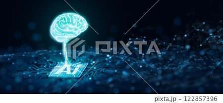 Ai chipset with human brain on computer circuit board. Artificial intelligence, Data mining, and Deep learning modern computer technology. Ai CPU concept. 3D Rendering. 122857396
