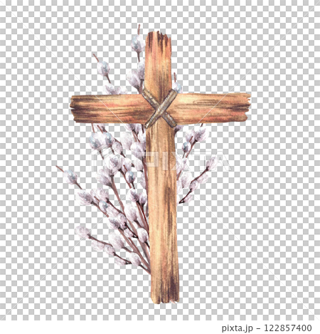Wooden Cross tied with a rope with pussy willow branches. Religious Church arrangement. Watercolor hand drawn illustration on isolated background. Clipart for First communion, baptism, Easter card. Wooden Cross tied with a rope with pussy willow branches. Religious Church arrangement. Watercolor hand drawn illustration on isolated background. Clipart for First communion, baptism, Easter card. 122857400