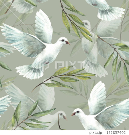 Pigeon with green olive branches seamless pattern. White flying dove bird, symbol of peace. Watercolor Hand drawn illustration for religion, baptism fabric, packaging on Isolated coloured background 122857402