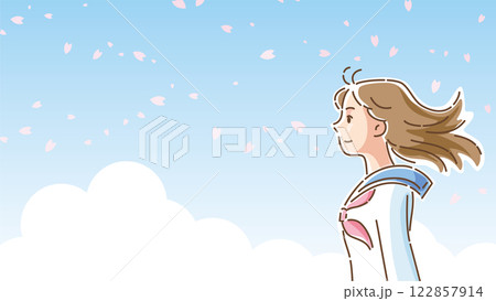 桜が風に舞う中で佇むセーラー服の女子学生の横顔 桜が風に舞う中で佇むセーラー服の女子学生の横顔 122857914