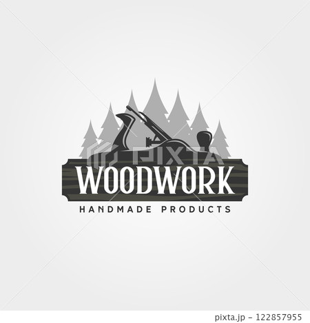 carpentry woodwork and plane logo vector illustration design, carpentry planer vintage logo design 122857955