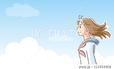 爽やかな青空をバックに前を見つめるセーラー服の女子学生の横顔 爽やかな青空をバックに前を見つめるセーラー服の女子学生の横顔 122858008