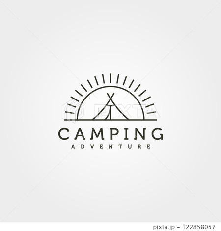 summer camp line art logo vector illustration design, tent and sunset minimal logo design 122858057