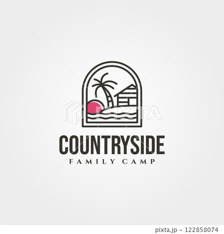 cottage island with sunset icon logo vector minimal illustration design, cabin line art logo cottage island with sunset icon logo vector minimal illustration design, cabin line art logo 122858074