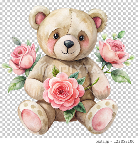 Cute bear with roses clipart watercolor  122858100
