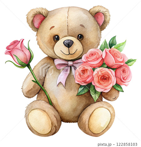 Cute bear with roses clipart watercolor  122858103