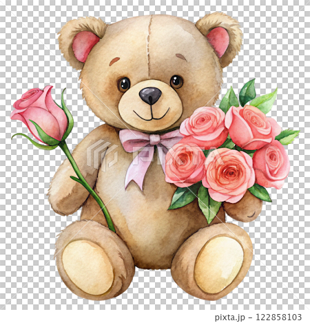 Cute bear with roses clipart watercolor  122858103