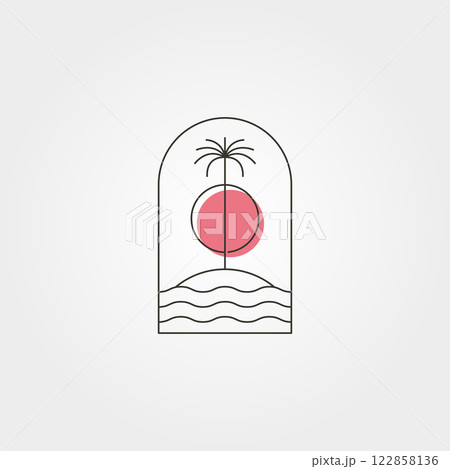 palm tree island line logo vector symbol with sunset illustration design, minimal emblem design 122858136