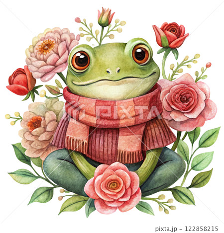 Cute frog  wearing winter clothes  flowers of love 122858215