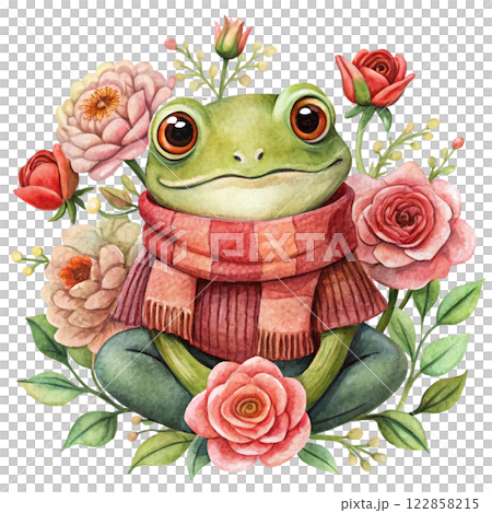 Cute frog wearing winter clothes flowers of love Cute frog wearing winter clothes flowers of love 122858215