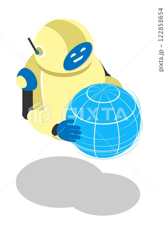 Isometric modern robot carries globe in hands. Concept of global progress and development in field of robotics and artificial intelligence. 3D vector isolated on white background top view at an angle Isometric modern robot carries globe in hands. Concept of global progress and development in field of robotics and artificial intelligence. 3D vector isolated on white background top view at an angle 122858654