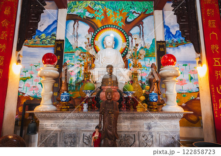 An altar with a Buddha inside a temple-pagoda on the marble mountains in Da Nang, Vietnam 122858723