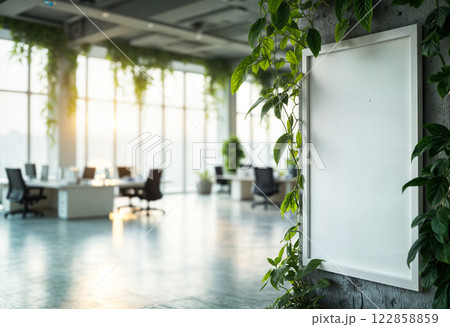 Modern Biophilic Office Interior with Blank Canvas and Natural Light Through Windows 122858859