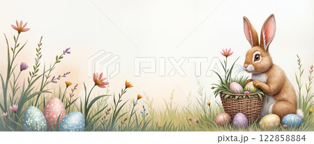 Enchanted Easter Garden with Whimsical Bunny and Decorative Eggs Among Spring Flowers Enchanted Easter Garden with Whimsical Bunny and Decorative Eggs Among Spring Flowers 122858884