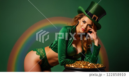 Enchanting Leprechaun Beauty with Rainbow and Pot of Gold 122858910