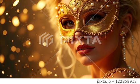 Beauty in Golden Masquerade Ball Elegance, Carnival Banner 122858915
