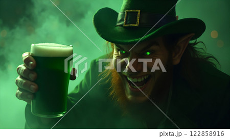 Mischievous Leprechaun Enjoying Green Beer in Festive Celebration 122858916