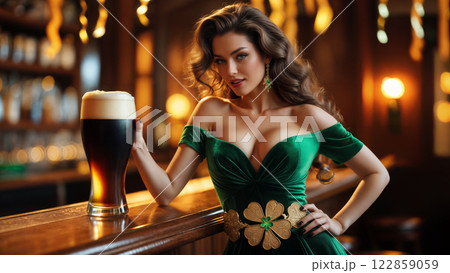 Glamorous Irish Pub Scene with Emerald Velvet Dress and Dark Stout Beer Portrait 122859059