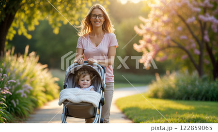 Joyful Spring Stroll Through Garden Path with Baby Carriage in Golden Hour Light Joyful Spring Stroll Through Garden Path with Baby Carriage in Golden Hour Light 122859065