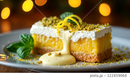 Elegant Lemon Custard Slice with Dripping White Chocolate and Fresh Mint Garnish 122859068