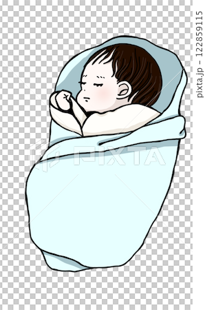 Baby sleeping wrapped in a swaddling cloth, light blue 122859115