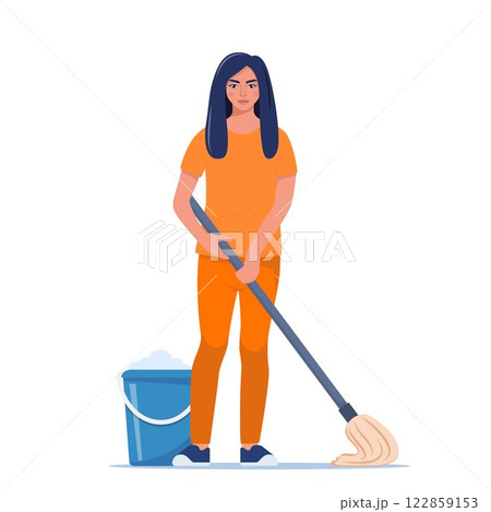 Woman cleaner dressed in orange prisoner uniform. Mopping the floor. Nearby is a blue bucket and water. Vector illustration. Woman cleaner dressed in orange prisoner uniform. Mopping the floor. Nearby is a blue bucket and water. Vector illustration. 122859153