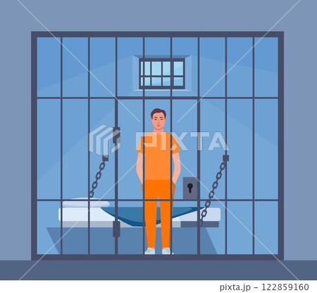 Prisoner in orange suit behind bars of a prison cell. Punishment system for crime and law breaking. Arrested guilty man. Vector illustration. 122859160