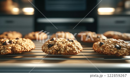 Freshly Baked Cookies on Cooling Rack in Warm Kitchen Setting 122859267