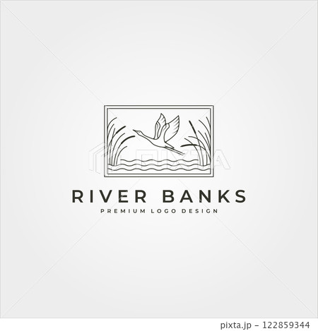 vector of goose in river plant logo design, line art flying swan logo design 122859344