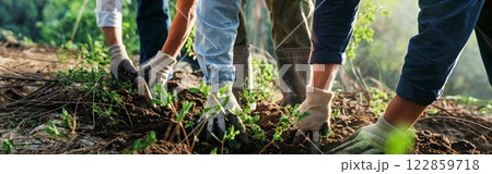 Dedicated Gardeners Cultivating Organic Vegetables in Community Garden 122859718