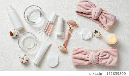 Luxurious Skincare Spa Collection with Rose Gold Facial Roller and Pink Headbands 122859800