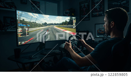 Professional Racing Simulator Setup with Curved Display in Dark Gaming Room 122859805