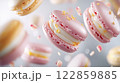 Colorful Macarons with Cream Filling on a Light Background 122859885