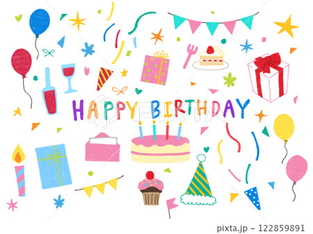 色鉛筆で描いた誕生日の素材セット 122859891