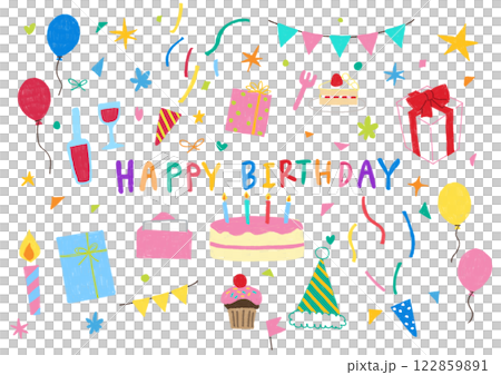色鉛筆で描いた誕生日の素材セット 122859891