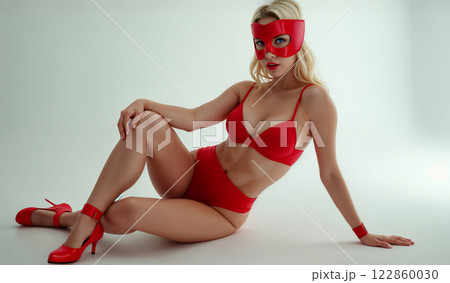 Woman in Red Mask and Lingerie Pose 122860030
