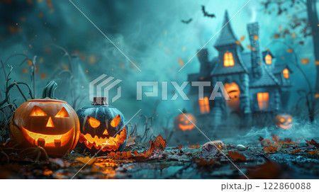 Halloween pumpkin bat with horror haunted house silhouette orange full moon dark black tree night autumn october celebration cemetery holiday, cartoon design castle evil background creepy hill grave 122860088