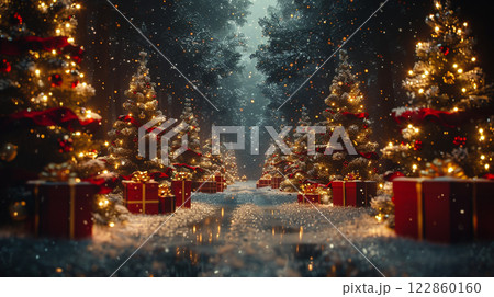 Christmas tree forest nature decoration gift box present lights ornament ball with snow winter season holiday december celebration, pine tree star night glowing sky background, happy new year festive 122860160