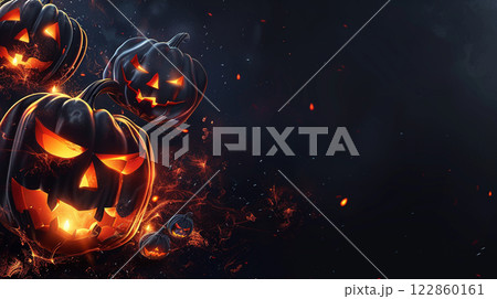 Horror halloween evil night orange pumpkin lantern, candle on october celebration, glowing creepy face spooky jack o lantern decoration on dark background autumn holiday symbol season, ghost haunting 122860161